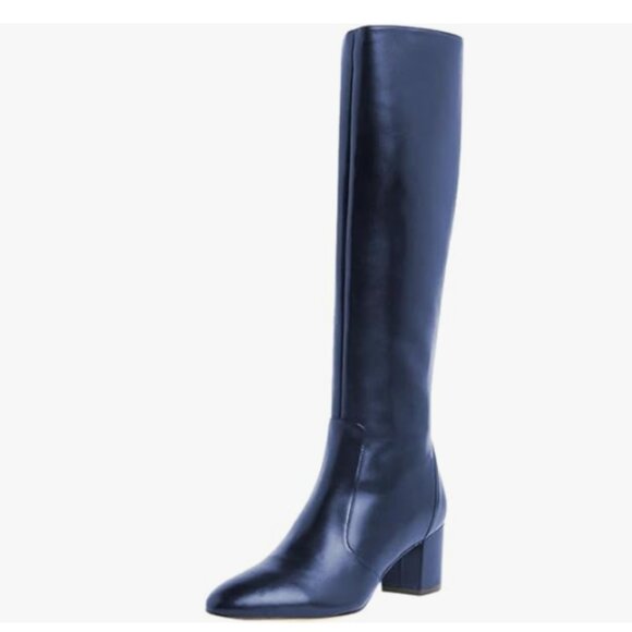 Shoes - Blue Women Almond Toe Knee High Boot Chunky Heel Zip Up Daily Work Dress Shoes